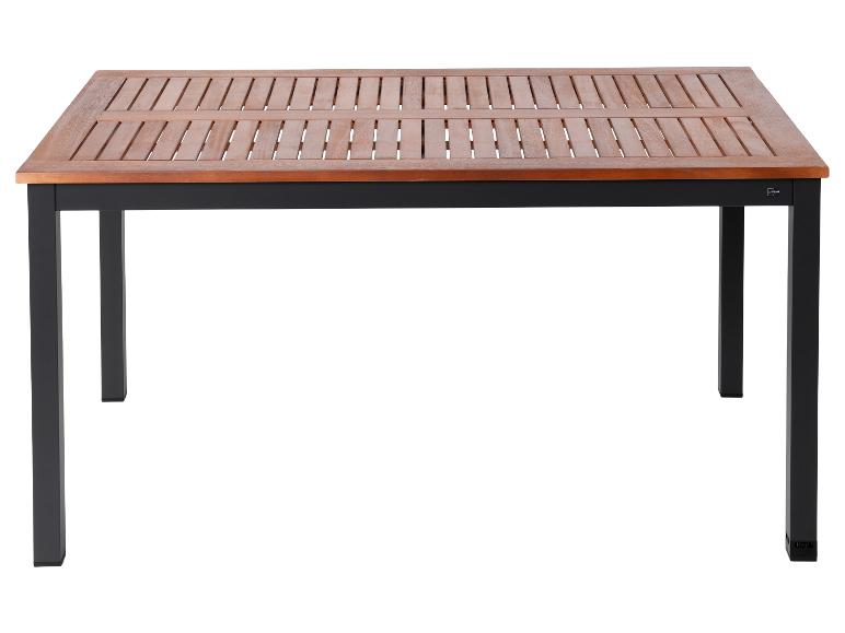 Livarno Home Gartentisch aus Holz mit schwarzem Metallrahmen.