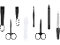 Schwarzes Maniküre-Set mit Nagelknipsern, Scheren, Pinzette und Feile.