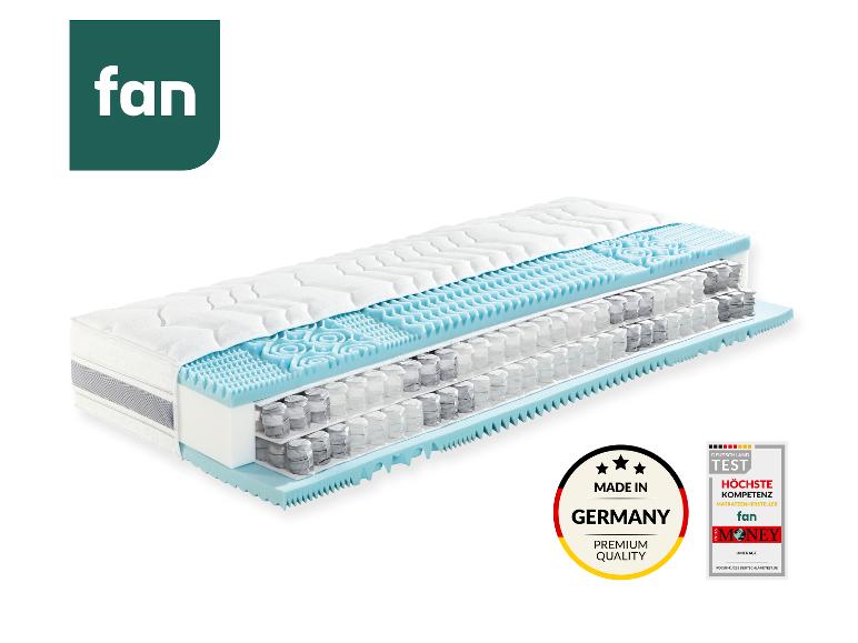 Taschenfederkernmatratze mit Schaumschichten, deutsches Qualitätssiegel.