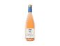 Rosé Côtes du Rhône Weinflasche mit weißem Etikett und blau-goldenem Verschluss.