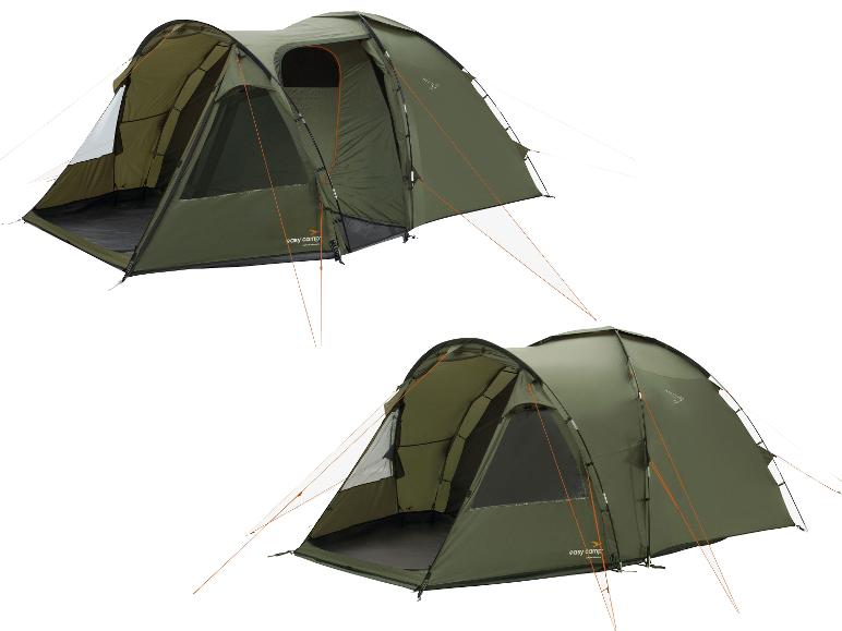 Zwei grüne Easy Camp Zelte in verschiedenen Konfigurationen.