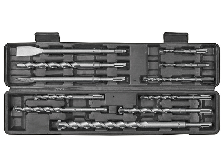 Ein Satz verschiedener Bohrer und ein Meißel in einer schwarzen Box.