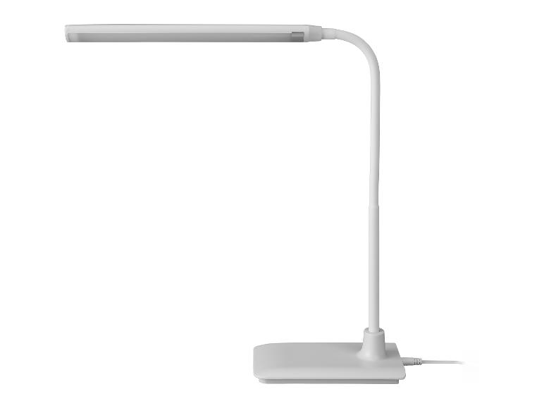 Weiße LED-Schreibtischlampe mit flexiblem Hals und rechteckigem Sockel.