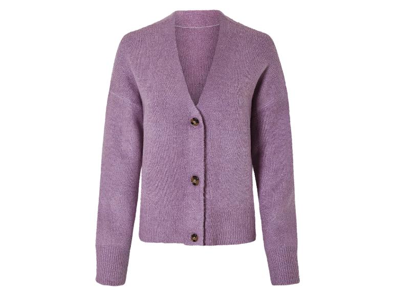 Eine lila Strickjacke mit Knöpfen.