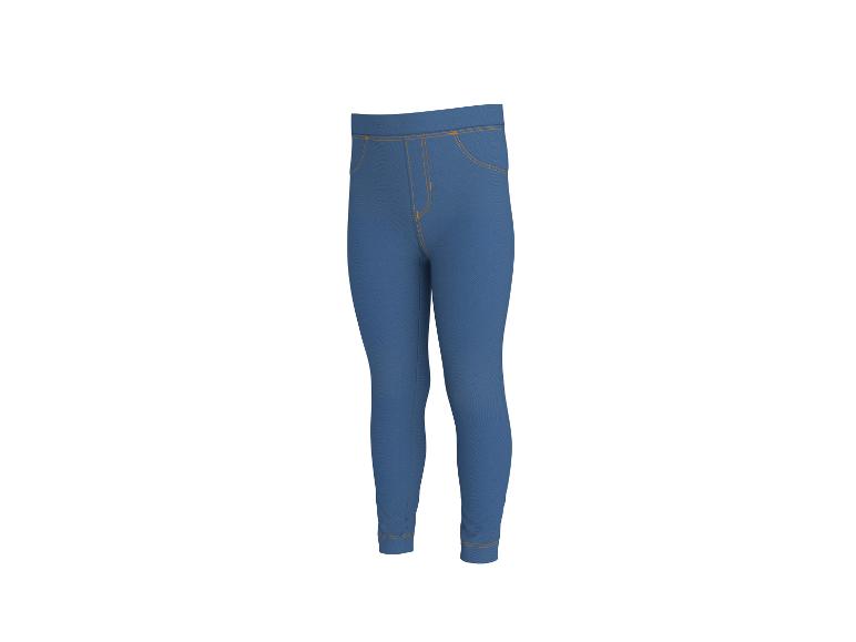 Blaue Kinderleggings mit orangefarbenen Nähten, von vorne sichtbar.