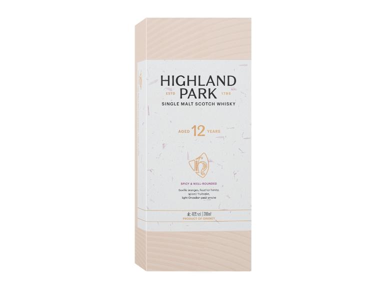 Highland Park 12 Jahre alter Single Malt Scotch Whisky in einer hellen Verpackung.