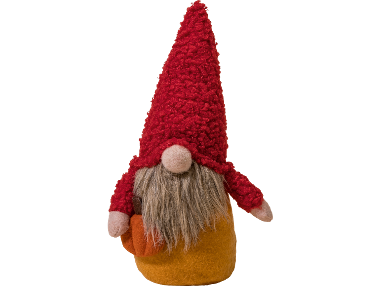 Herbstzwerg mit roter Mütze, Bart und Kürbis.