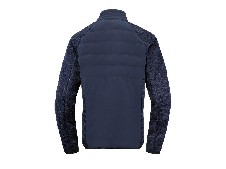 Eine dunkelblaue Fleecejacke mit glattem Vorderteil und gestreiften Ärmeln.