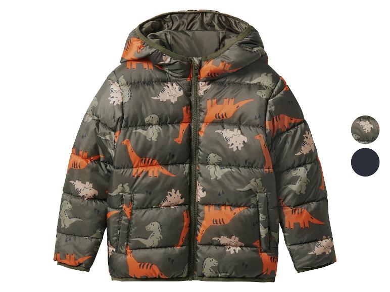 Kinder-Steppjacke mit Dinosaurier-Print, erhältlich in Olivgrün und Dunkelblau.