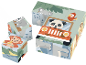 Würfelpuzzle mit Tiermotiven, darunter ein Panda im Auto und ein Koala auf einem Baum.