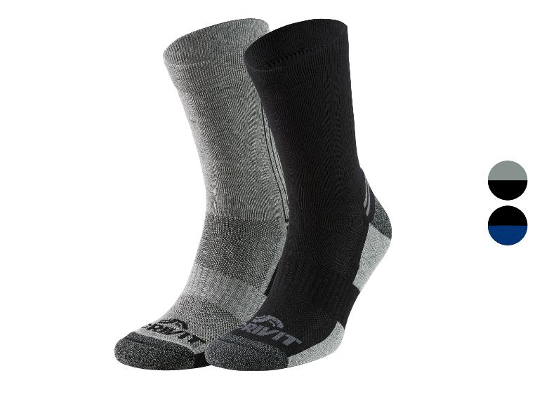 Zwei Paar Crivit Sportsocken, ein graues und ein schwarzes, mit kontrastierenden Details.