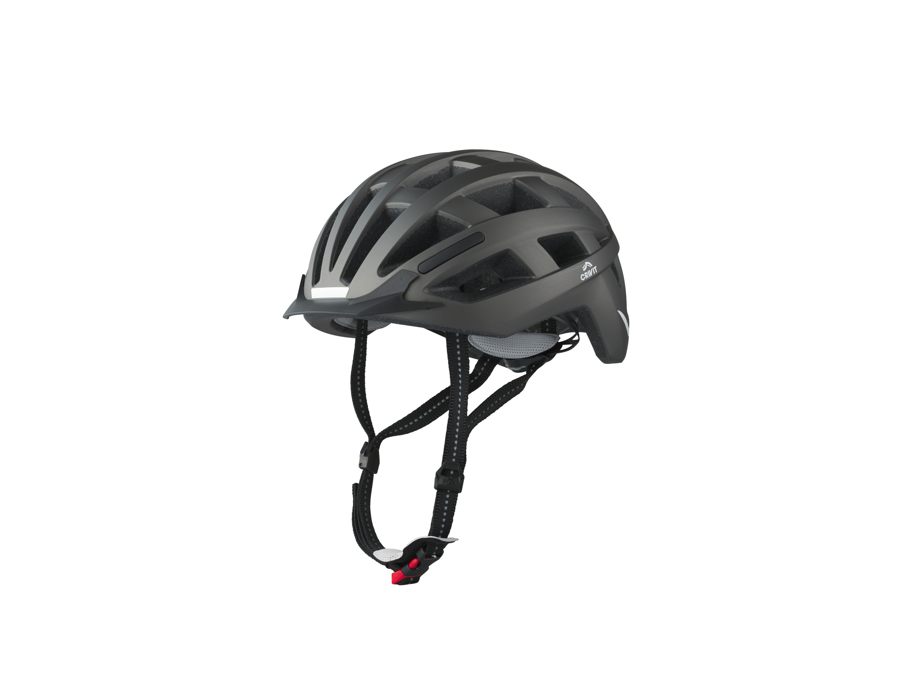 CRIVIT Cityhelm mit Rearlight (Anthrazit, S/M)““ | Größe M/L: ca. 58 – 61 cm Belüftungsöffnung: 26 Innenpolster: ja, herausnehmbar und waschbar Ausstattung: Kinnpolster, Regenschutz, Rücklichtfenster Gewicht: Größe S/M: ca. 290 g
