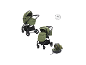 Olivgrüner 3-in-1-Kinderwagen mit Babywanne, Autositz und Sportsitz.