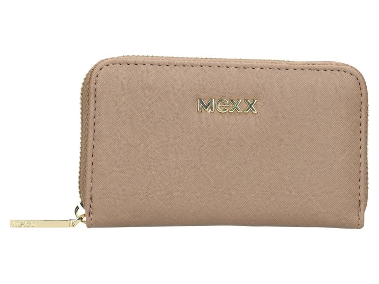 Beige Reißverschluss-Geldbörse mit goldfarbenem Mexx-Logo.