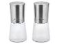Zwei Glas-Gewürzmühlen mit Edelstahlkappen.