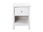 Weißer Nachttisch mit Schublade und Ablage.