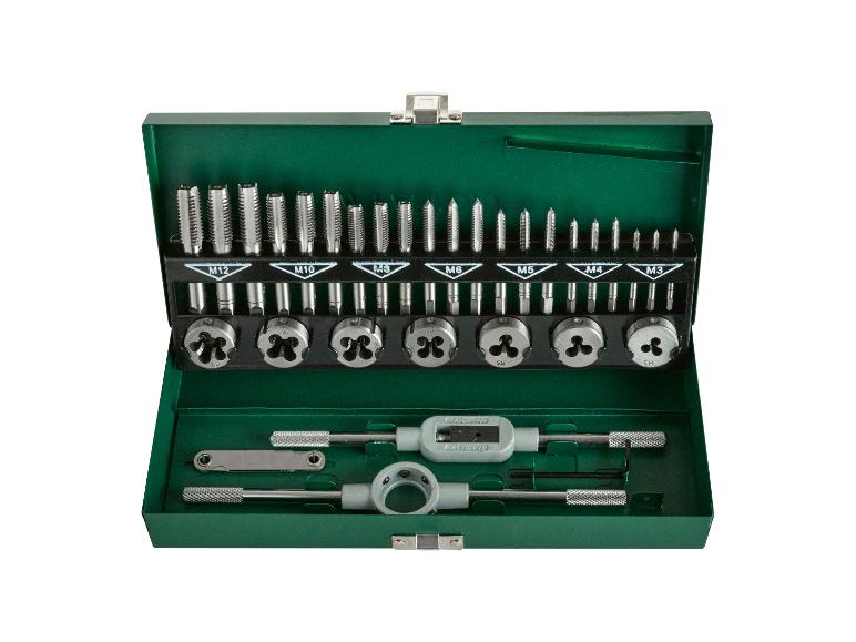 Gewindeschneidsatz in grüner Box, mit Größen von M3 bis M12.