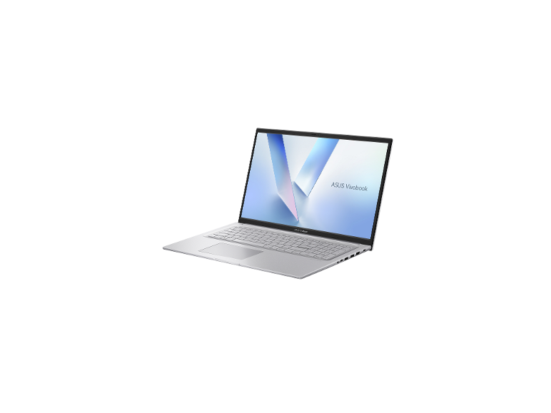Geöffneter silberner ASUS Vivobook X1704VA Laptop in der Seitenansicht.