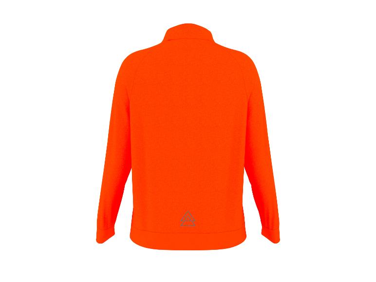 Ein orangefarbenes Trainingsjacke mit einem reflektierenden Dreieckslogo.
