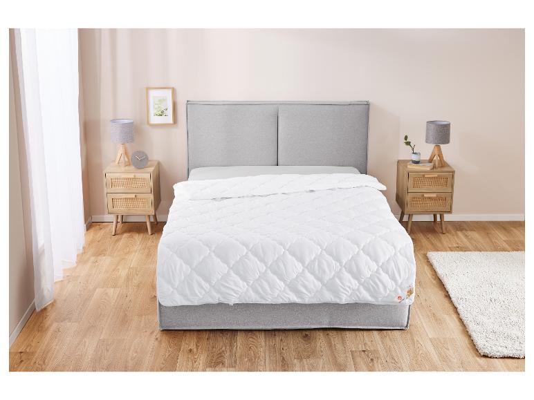 Ein Schlafzimmer mit einem Bett mit grauem Kopfteil und weißer Bettdecke, zwei Nachttischen und Lampen.