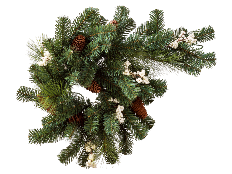 Festlicher Weihnachtskranz mit Tannenzweigen, Tannenzapfen und weißen Beeren auf schwarzem Hintergrund