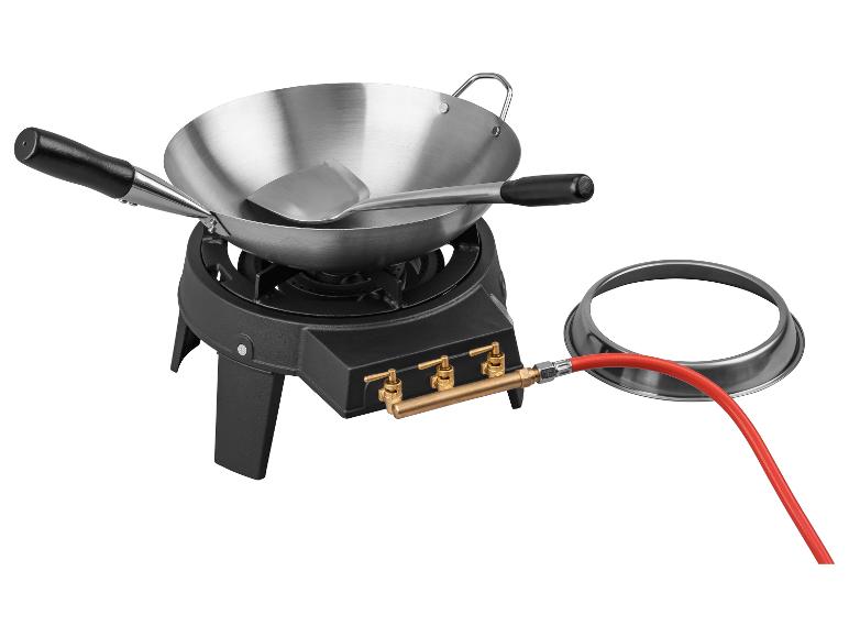 Edelstahl-Wok mit Spatel, Gasbrenner und Schlauch