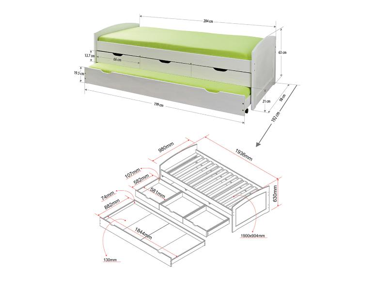 Ein weißes Bett mit Stauraum und ausziehbarem Bett, mit Maßen in cm.