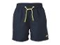 Dunkelblaue Herren-Badeshorts mit gelbem Kordelzug und kleinem gelben Logo.