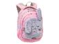 Rosa Rucksack mit silbernen Punkten und einem grauen Plüschhasen auf der Vorderseite.