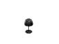 Schwarze Tischlampe mit plissiertem Schirm und rundem Fuß.