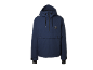 Dunkelblaue Anorak-Jacke mit Kapuze, Reißverschluss und Taschen.