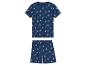 Kinderpyjama: marineblaues Shirt und Shorts mit Segelboot-Muster.