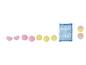 Wiederverwendbare Wasserballons in Pink und Gelb mit blauem Netzbeutel und Farbmustern.
