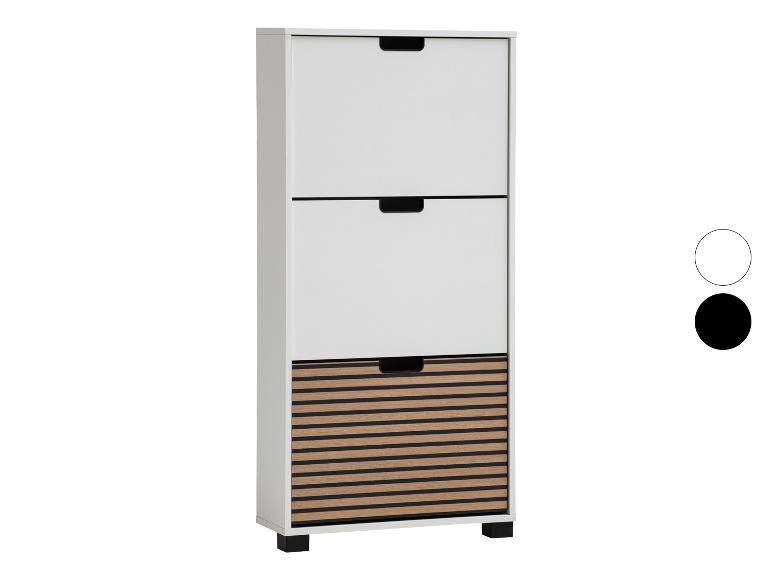 Weißer Schuhschrank mit drei Fächern, das untere mit Holzlamellenfront.