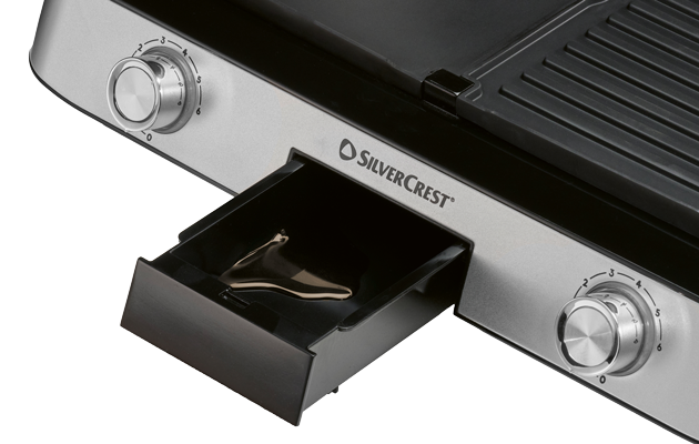 Darstellung des Tischgrills mit Fokus auf die abnehmbaren Grillplatten und die herausziehbare Fettauffangschale zur leichten Reinigung