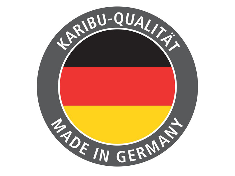 Logo mit der deutschen Flagge und dem Schriftzug 'Karibu-Qualität Made in Germany'.