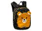 Schwarzer Kinderrucksack mit goldenem Sternenmuster und einem braunen Plüschbären auf der Vorderseite.