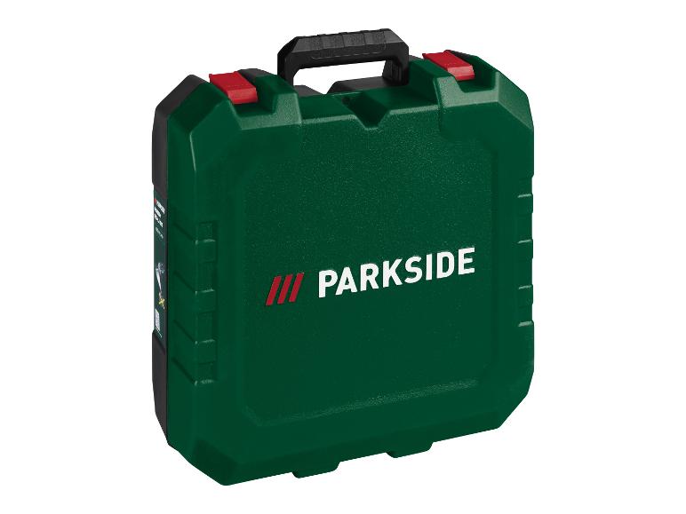 Grüner Parkside Werkzeugkoffer mit schwarzem Griff und roten Verschlüssen.