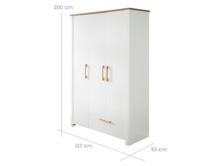 Weißer Kleiderschrank mit drei Türen und einer Schublade.