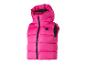 Fuchsia gesteppte Weste mit Kapuze und schwarzem Reißverschluss.