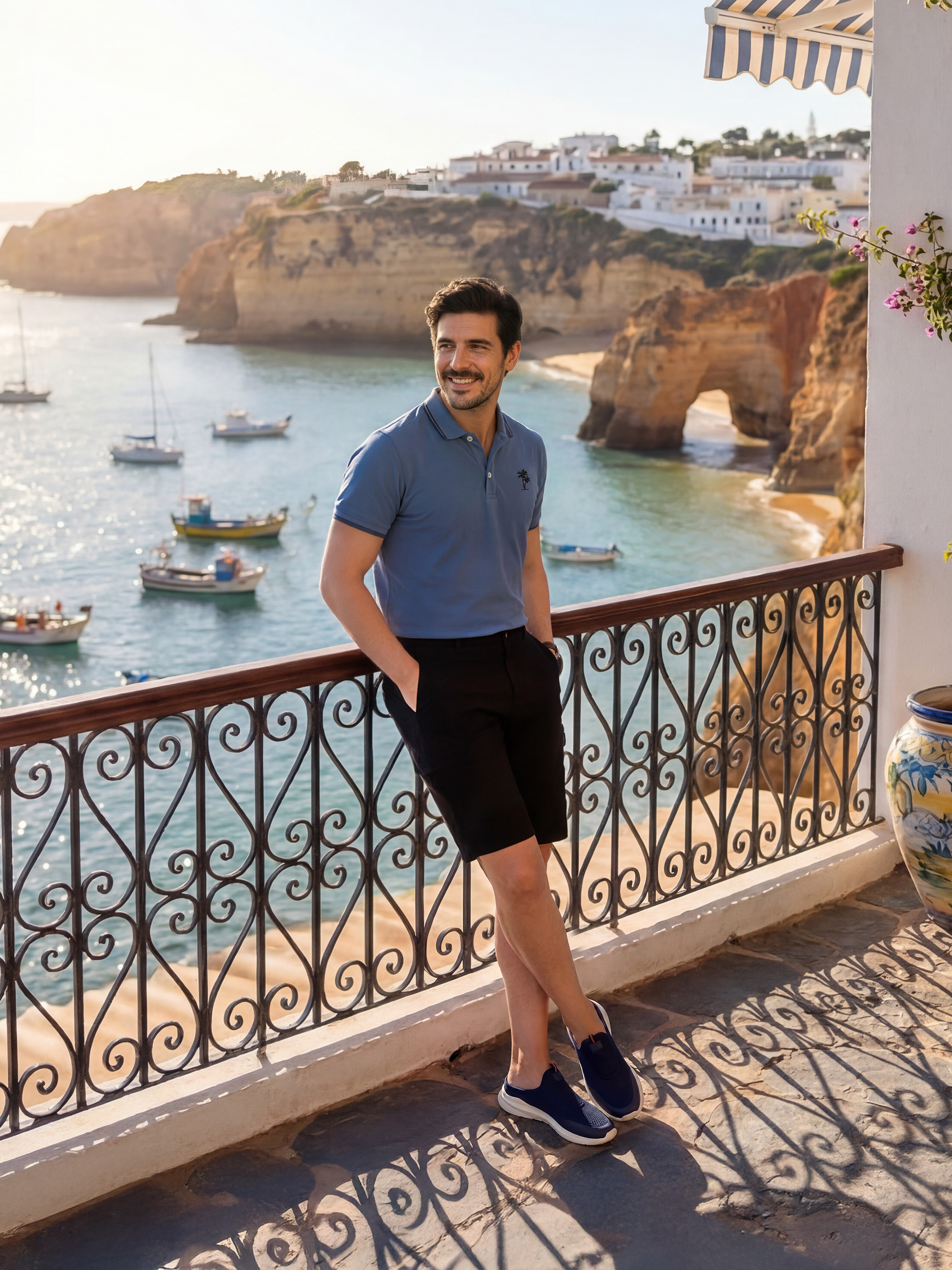 Mann in blauem Poloshirt und schwarzen Shorts auf einem Balkon mit Meer- und Klippenblick.