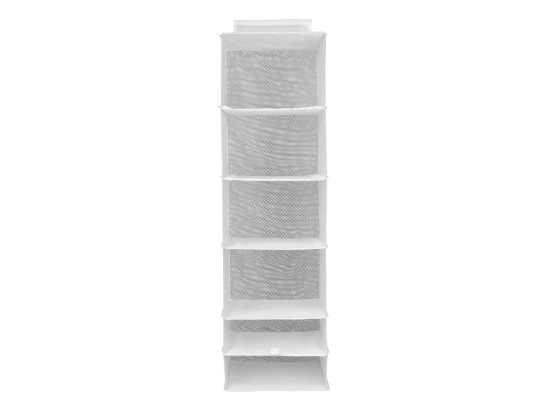 Weißer Hängeorganizer mit sechs Fächern für den Kleiderschrank.