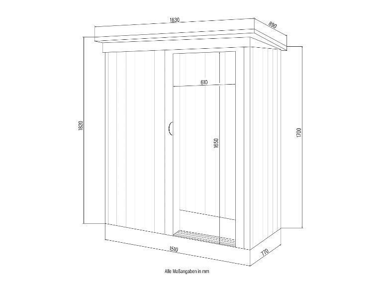Holz-Gartenschuppen mit Tür, Maße 1630x890x1820 mm, alle Maßangaben in mm.