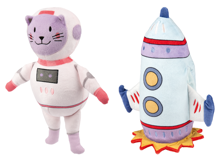 Plüschtiere: Astronautenkatze und Rakete.
