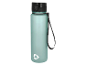 Blaue Wasserflasche mit schwarzem Deckel und Riemen, mit weißem Dreieckslogo