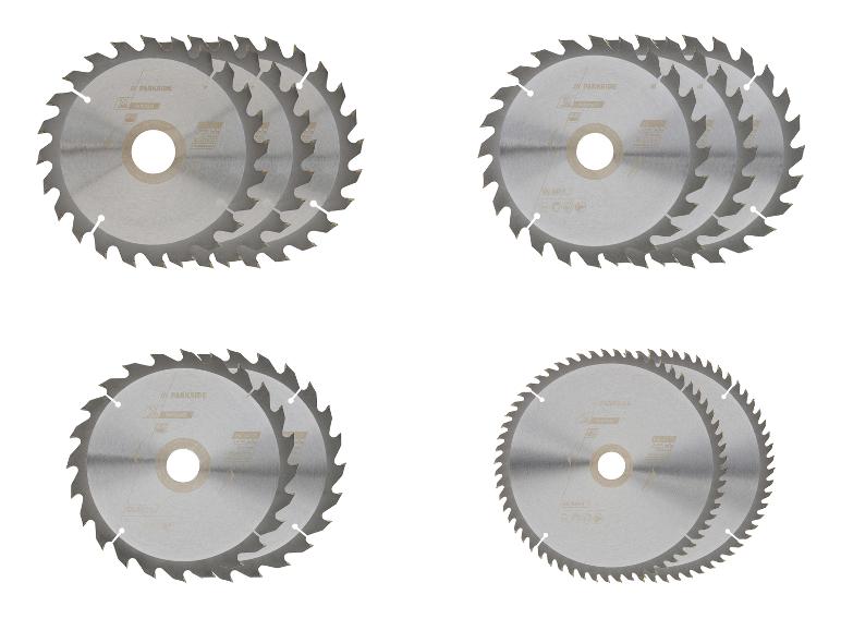 Vier Sägeblattsätze für Holz, mit den Texten „WOOD“ und „EN 847-1“.