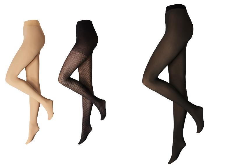 Drei Strumpfhosen, beige, gemustert schwarz und schlicht schwarz, an unsichtbaren Schaufensterpuppen.
