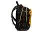 Schwarzer Rucksack mit goldenen Sternen, goldenen Reißverschlüssen und Kunstpelzdetails.