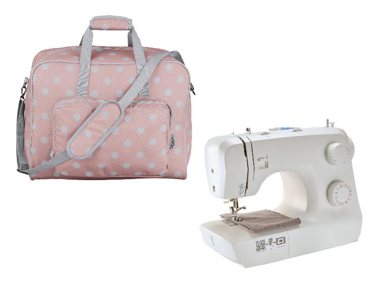 Nähmaschine und rosa gepunktete Tasche