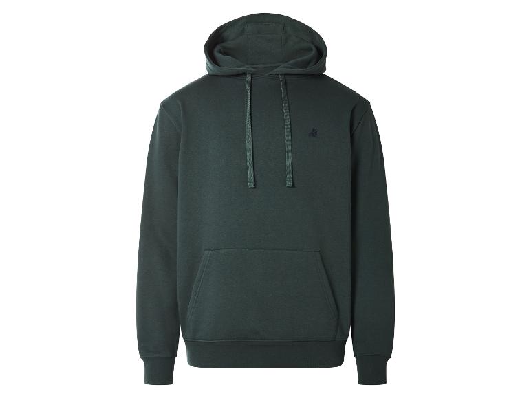 Dunkelgrüner Hoodie mit Kordelzug und kleinem Logo auf der Brust.
